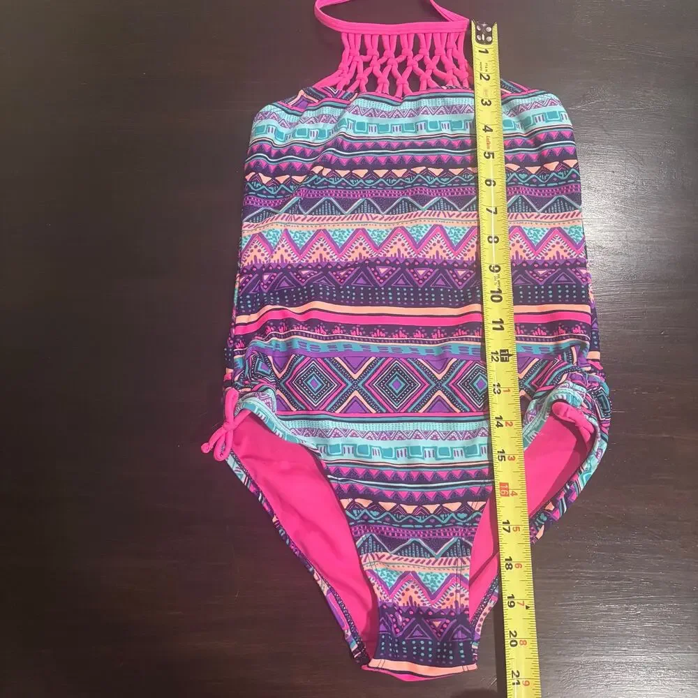 Girls Geometric Neon Western Print One Piece Swimsuit sz12